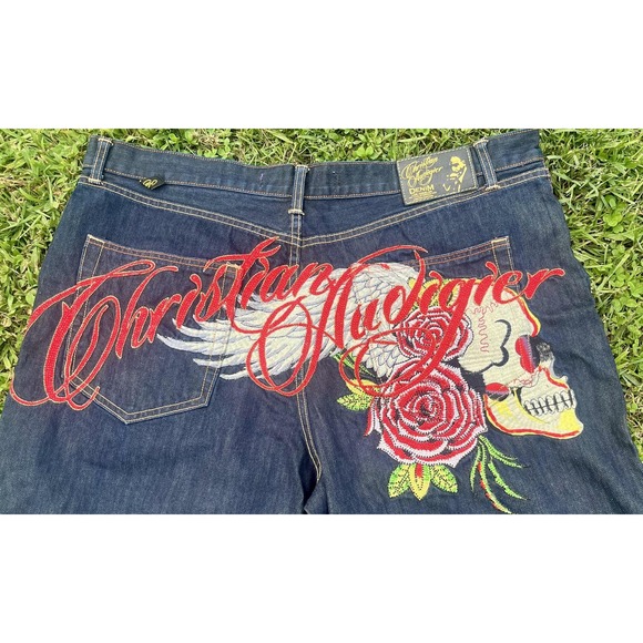 Christian Audigier Ed Hardy Shorts Mens 44 Blue Denim Embroidered Skull Rose - Picture 2 of 16